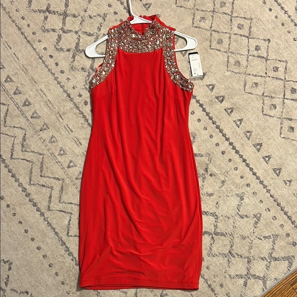 Elegant Red/Orangish Sleeveless Dress with Gold Accents